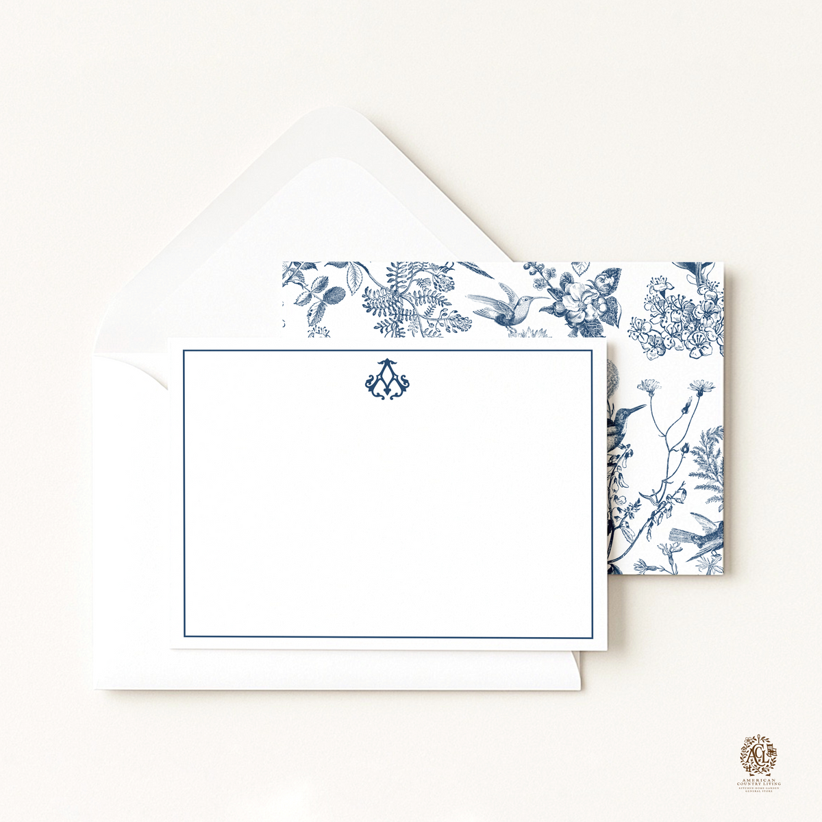 Hummingbird Toile Notecards with Personalized Monogram